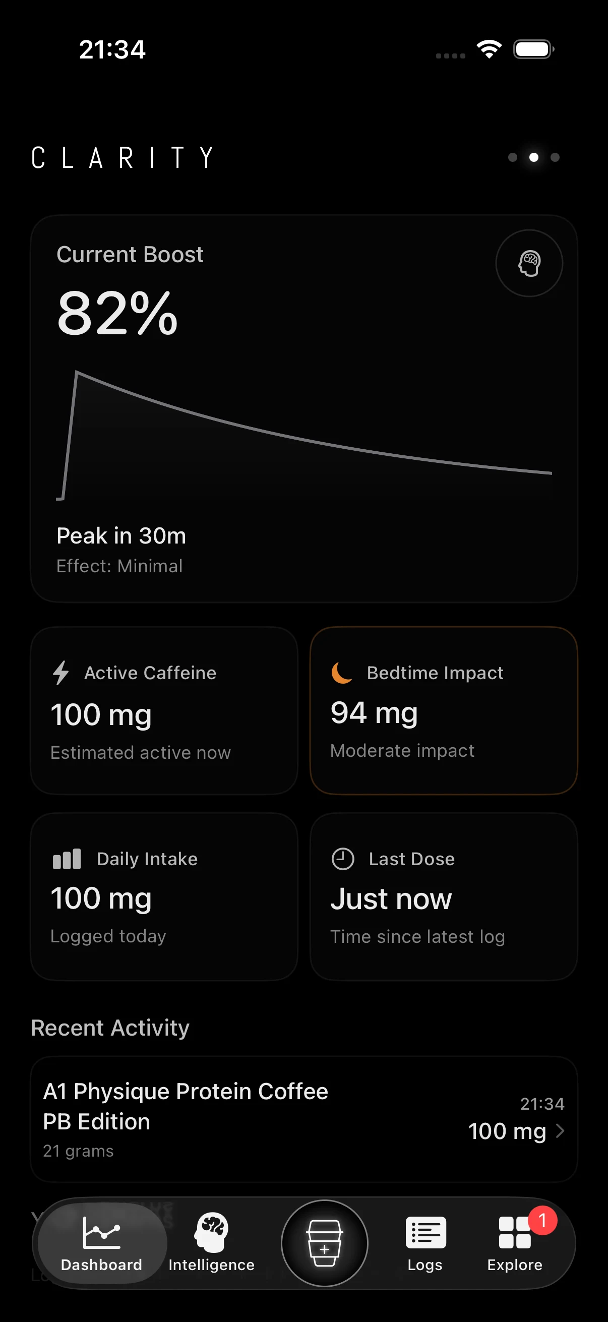 Clarity dashboard showing current boost and caffeine timing signals.